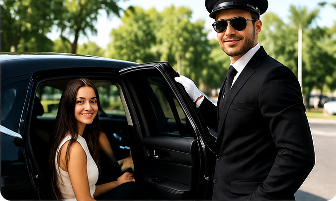 Professional premium driver in executive black suit standing beside luxury vehicle